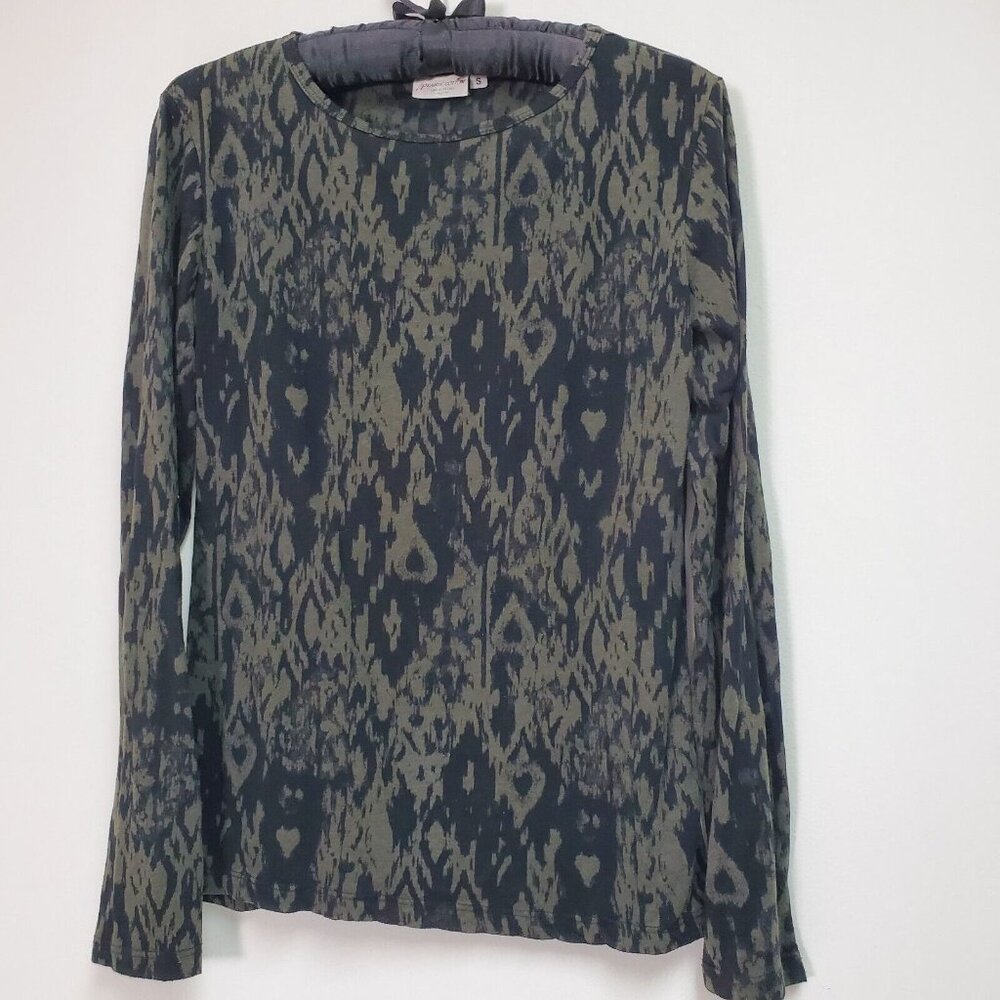 Prairie Cotton Womens Crew Neck Printed Long Sleeve Top Small Black/Green USA